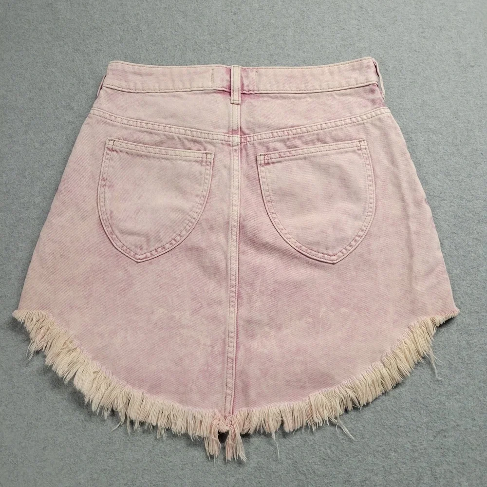 Free People We The Free Pink Acid Wash Fringe Tulip Hem Denim Mini Skirt Size 26